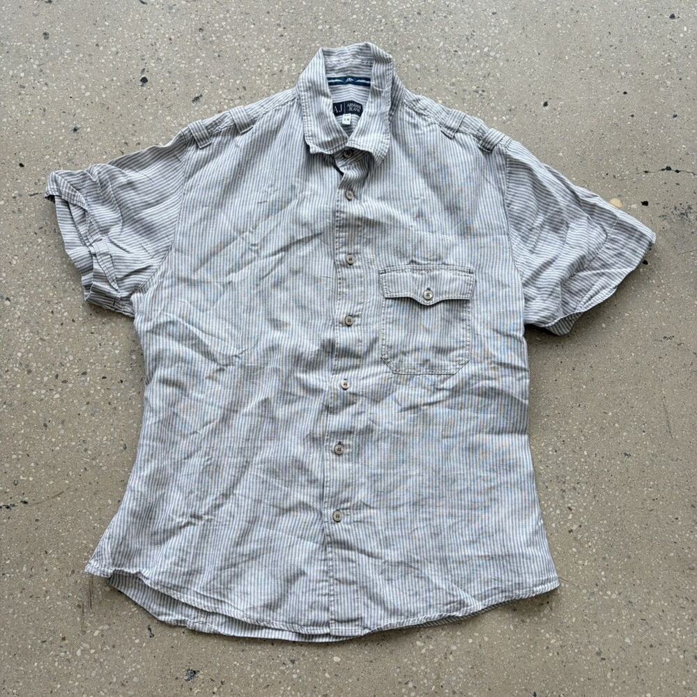 Vintage 90s Armani Jeans Blue Striped Linen Shirt